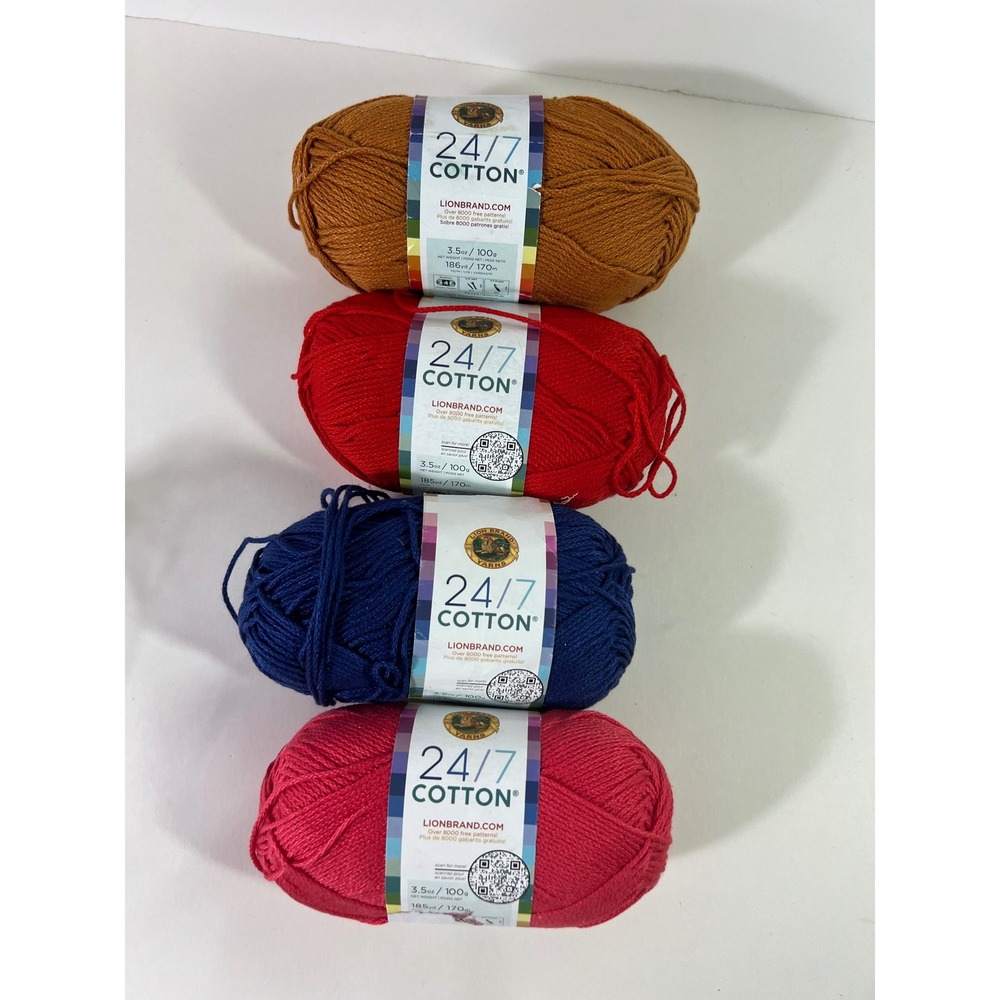 Lion Brand 24/7 Cotton Yarn Lot 4 Skeins Cherry Pop Navy Red Amber Worsted 4